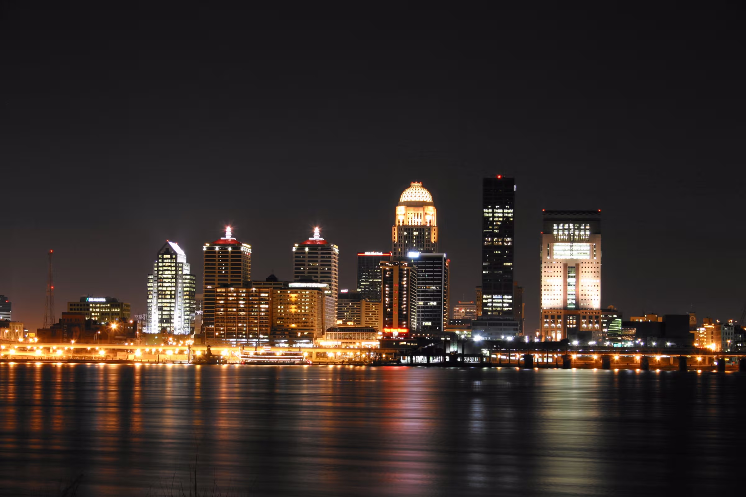 The Louisville, Kentucky skyline across the Ohio River at night