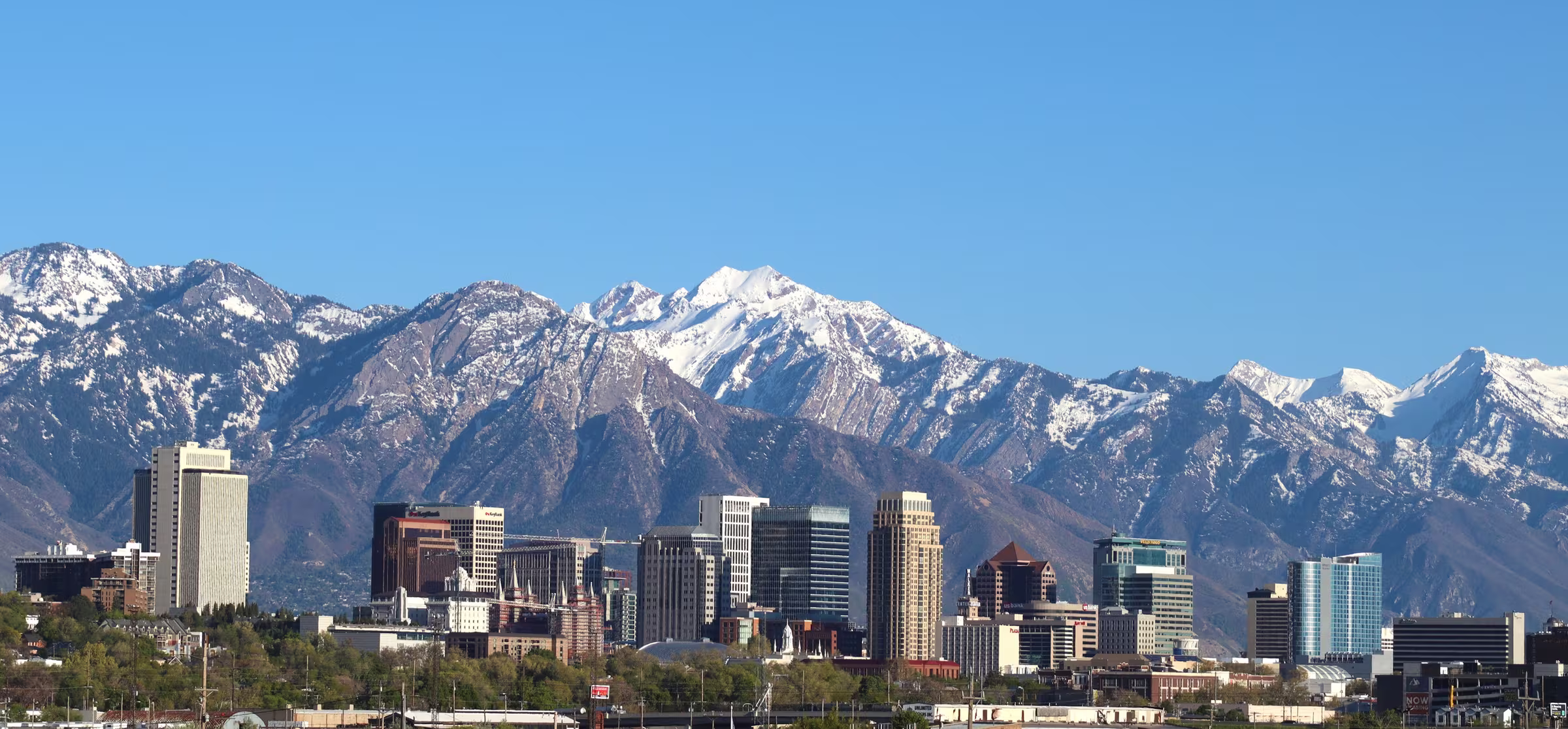 The Salt Lake City skyline below the Wasatch Range